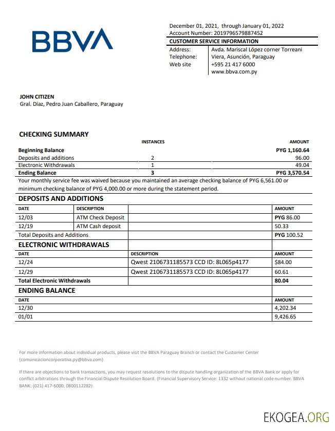 Relevé bancaire Paraguay BBVA